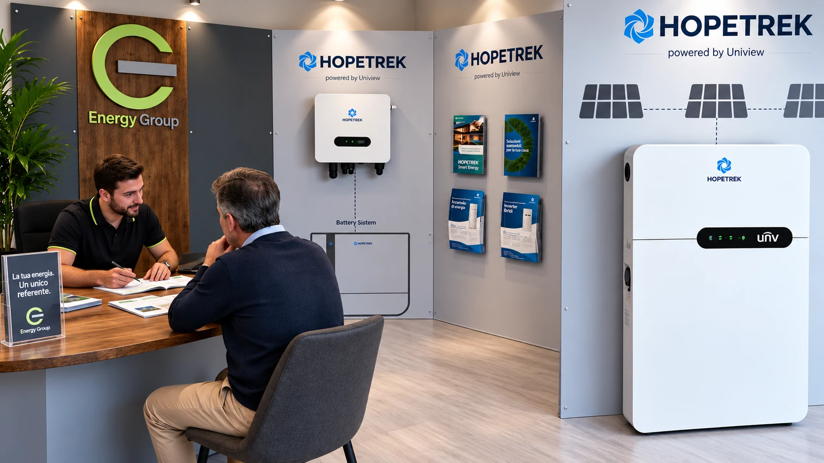 Consulente e cliente nell’Energy Hub Energy Group, con i prodotti Hopetrek in esposizione