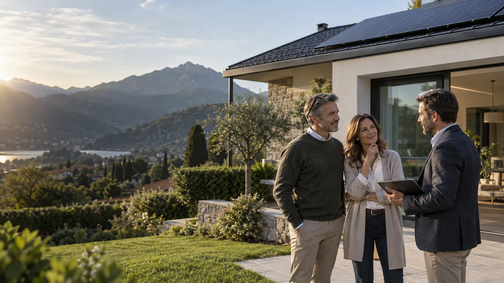 Consulente Energy Group con una coppia davanti a una casa dotata di pannelli fotovoltaici