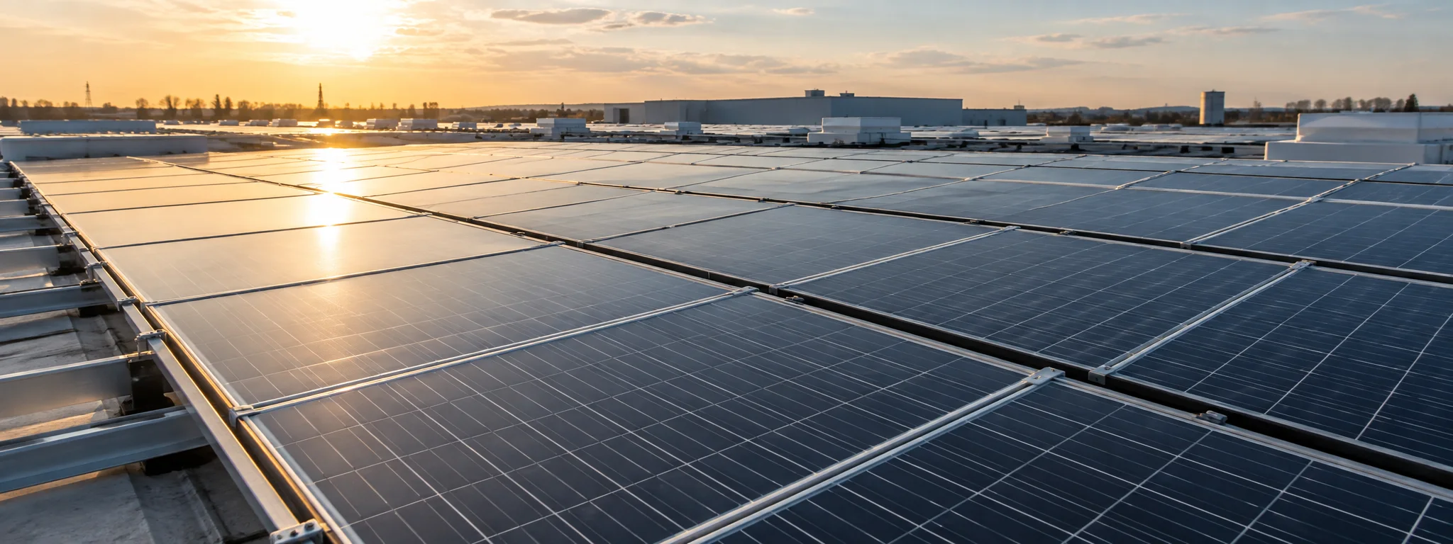 Distesa di pannelli fotovoltaici su una copertura industriale al tramonto