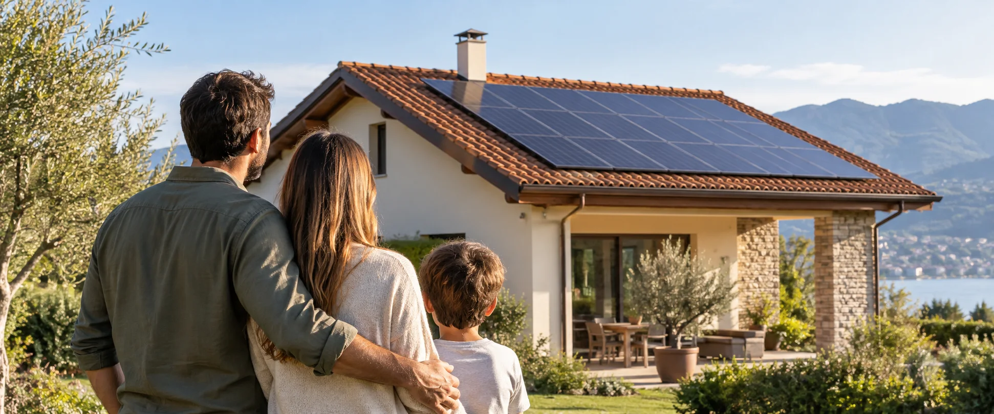Famiglia davanti a una casa con pannelli fotovoltaici sul tetto